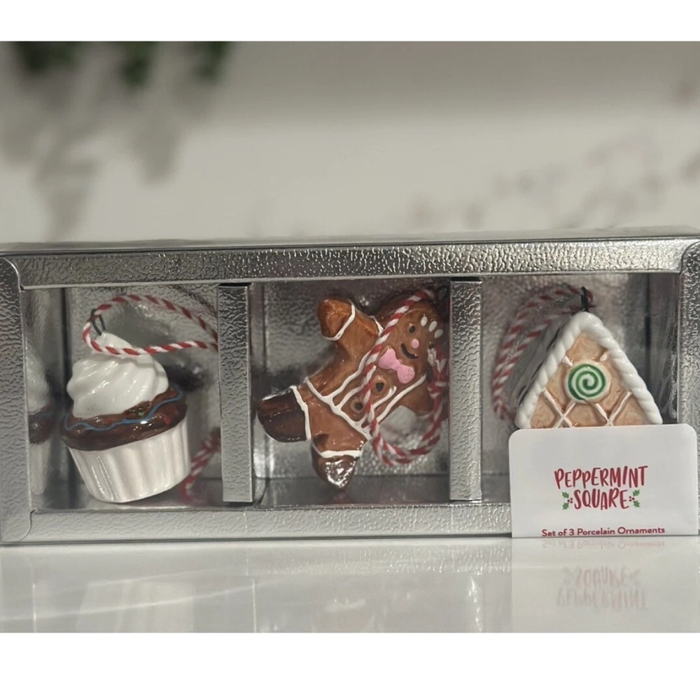 Peppermint Square Set of 3 Ornaments - Gingerbread Man, House & Cupcake
